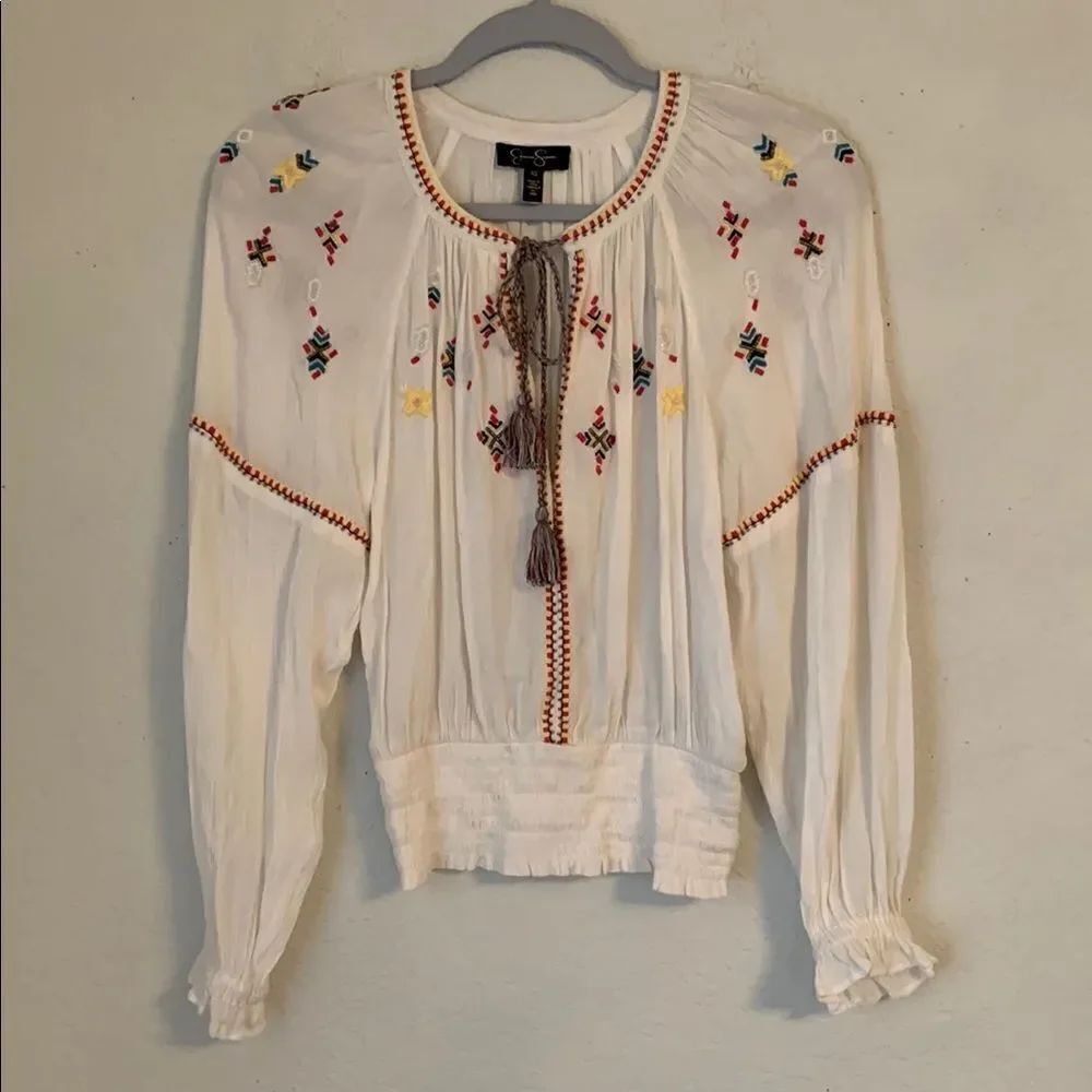 Jessica Simpson White Embroidered Long Sleeve Tie Front Blouse Top Size XS